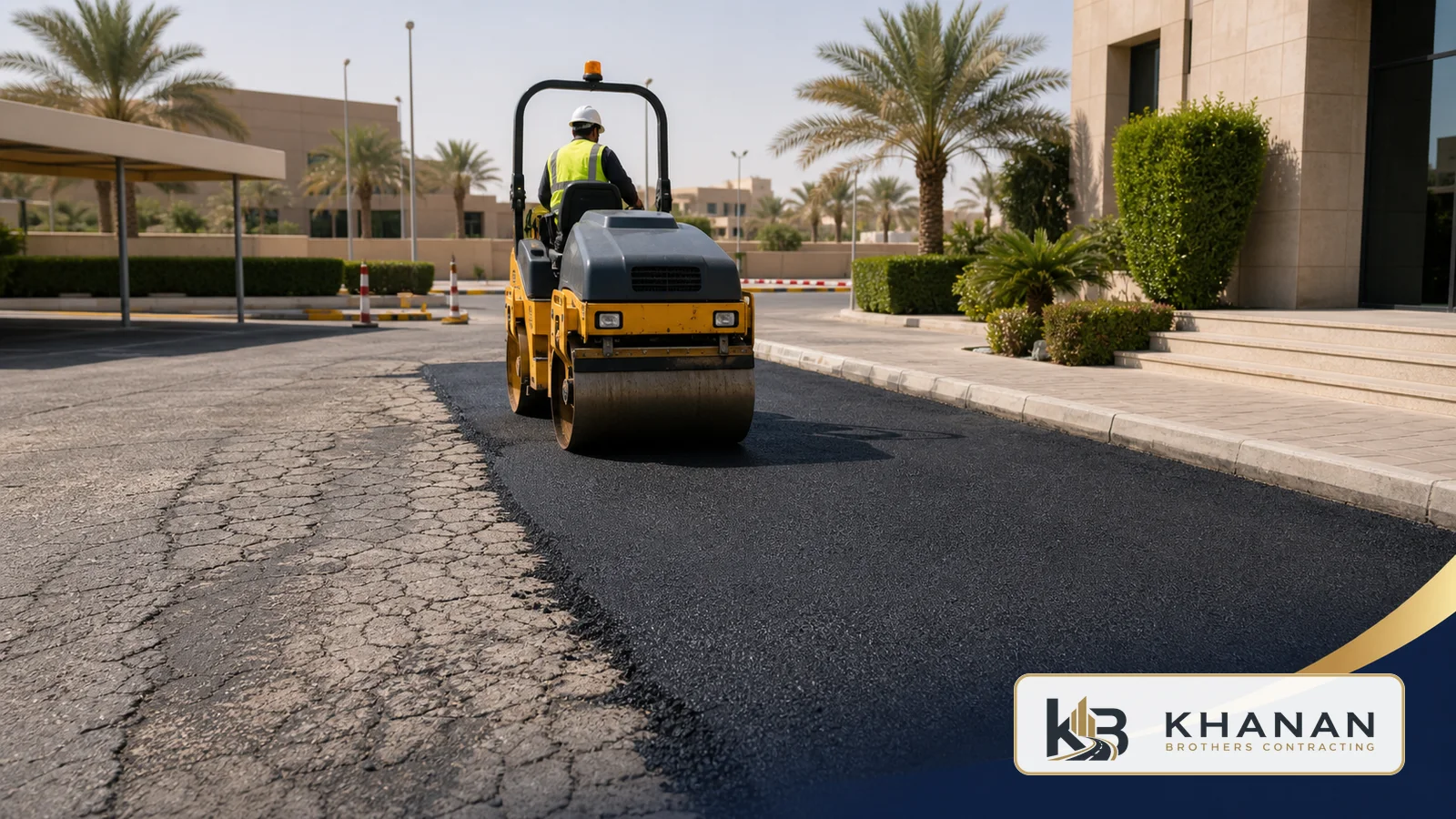 رصاصة صغيرة تدمك رقعة أسفلت مرممة عند مدخل موقف