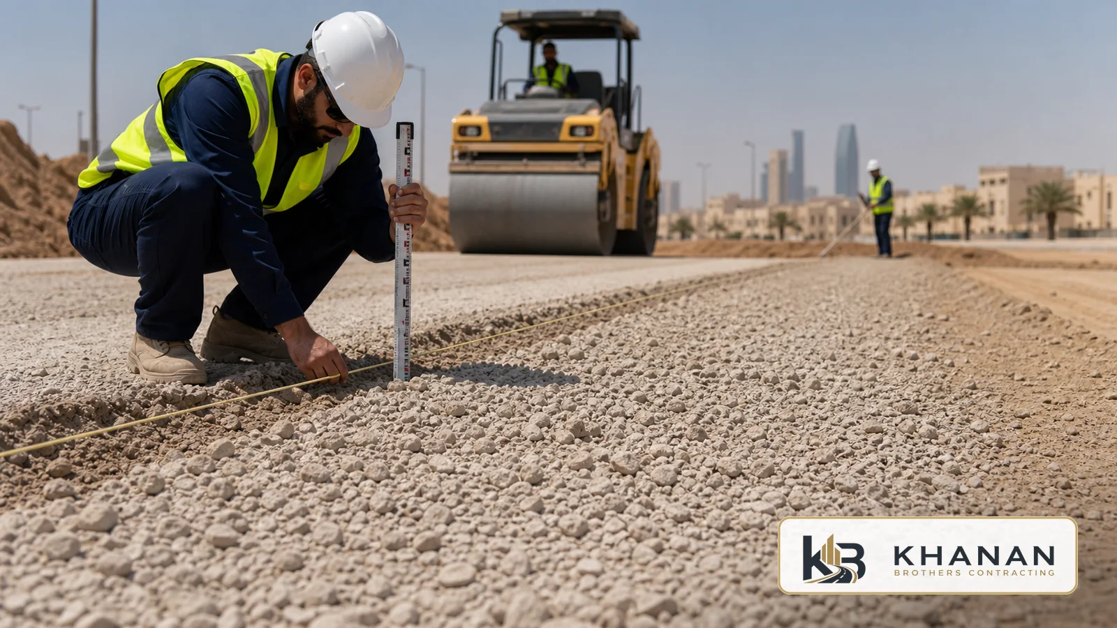 Engineer checking compacted aggregate base level before asphalt
